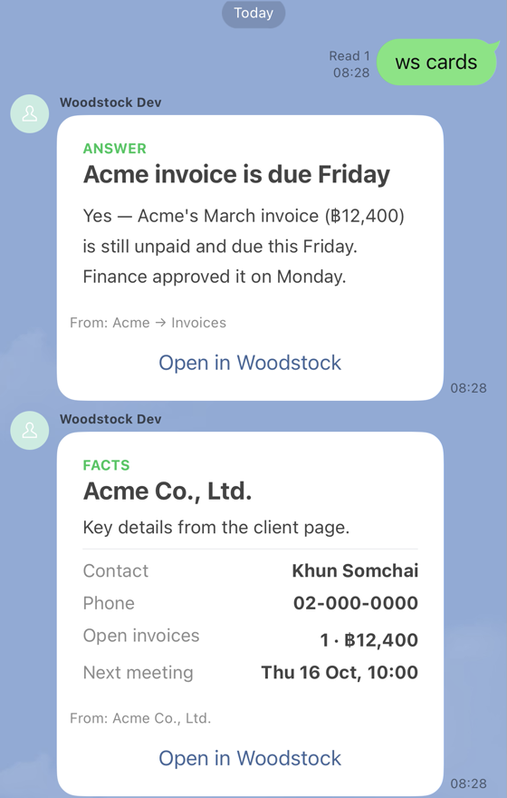 Short answer card and facts card in a LINE group on iPhone
