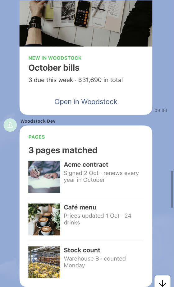 A big-image card and a thumbnail list card in a LINE group on iPhone